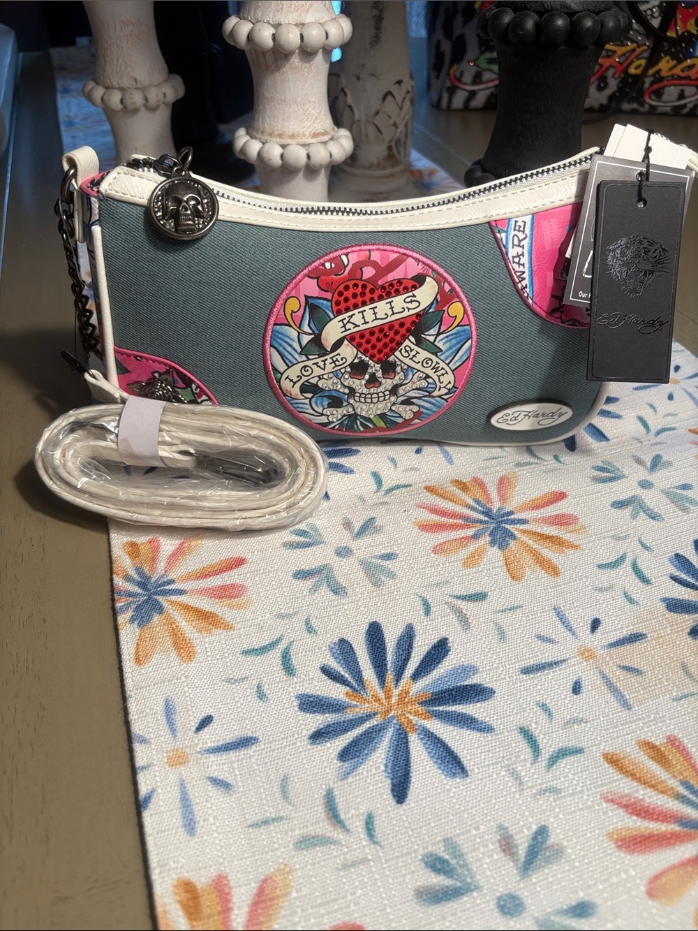 Ed Hardy Teal Canvas Mini Crossbody with Pink Skull Patch